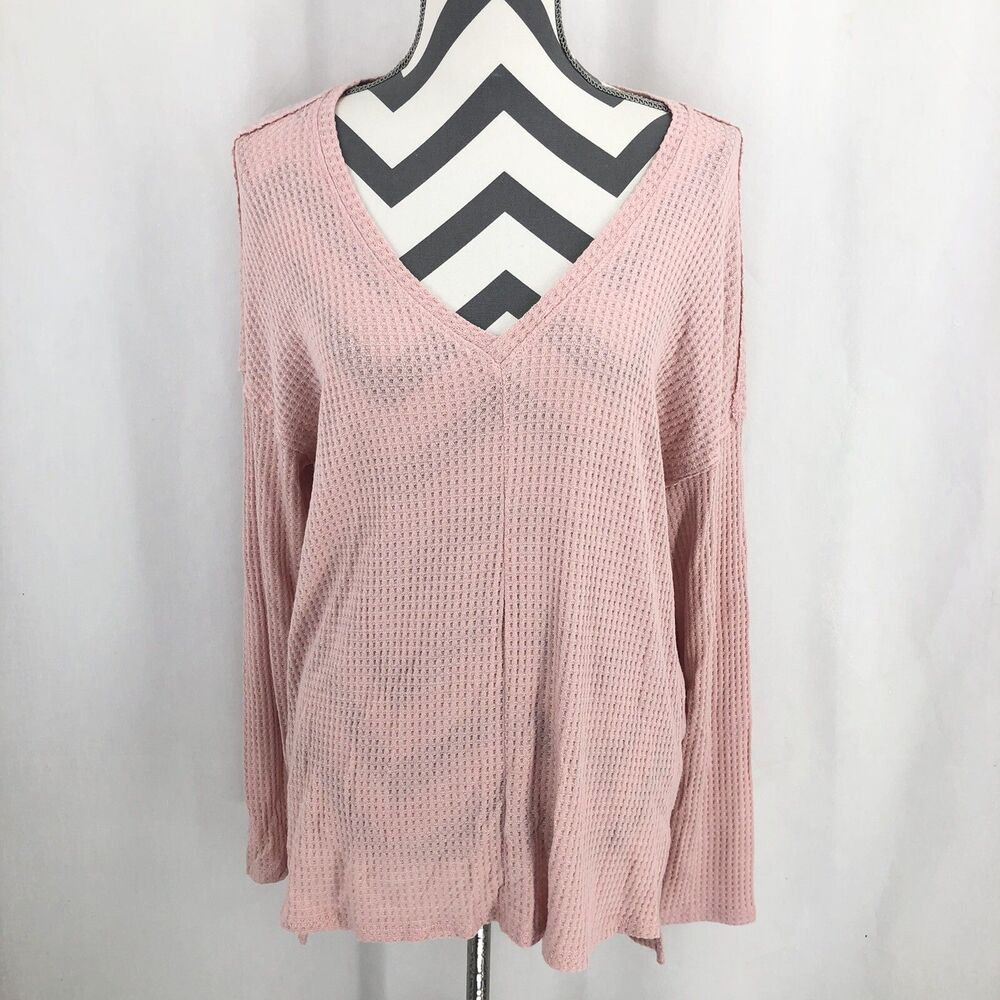 Gibson Look HiLow Thermal Tunic Pink Deep V-Neck Long Sleeve Shirt TST9618 Small